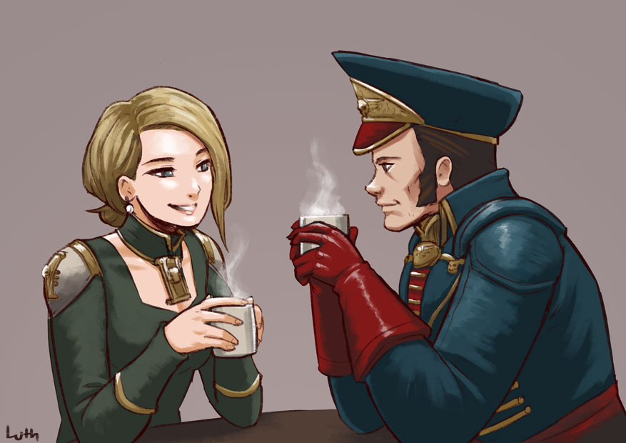 1boy 1girl artist_name blonde_hair blue_eyes brown_eyes brown_hair commissar cup earrings gloves hat hot_drink inquisitor jewelry lutherniel mug peaked_cap tea warhammer_40k