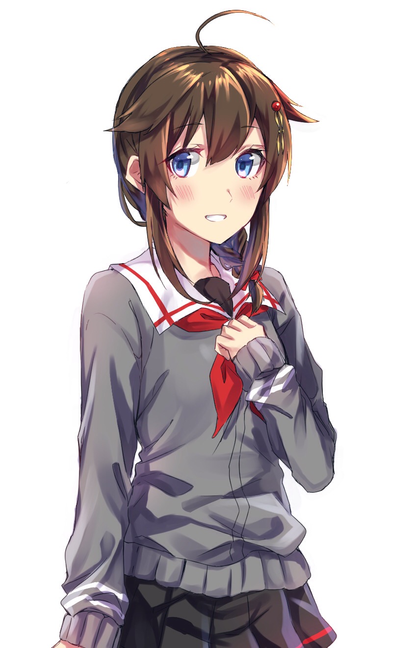 1girl :d ahoge betti_(maron) black_skirt blue_eyes blush brown_hair eyebrows_visible_through_hair grey_sweater hair_between_eyes hair_ornament highres kantai_collection looking_at_viewer miniskirt neckerchief open_mouth pleated_skirt red_neckerchief shigure_(kantai_collection) short_hair_with_long_locks sidelocks simple_background skirt smile solo standing white_background
