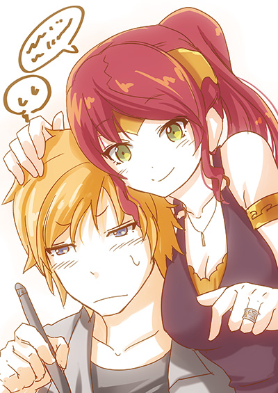 1boy 1girl bare_shoulders blonde_hair blouse blue_eyes blush breasts forehead_protector green_eyes hand_on_another's_head jaune_arc jewelry moai_(moai_world) necklace pen ponytail pyrrha_nikos redhead ring rwby smile thought_bubble