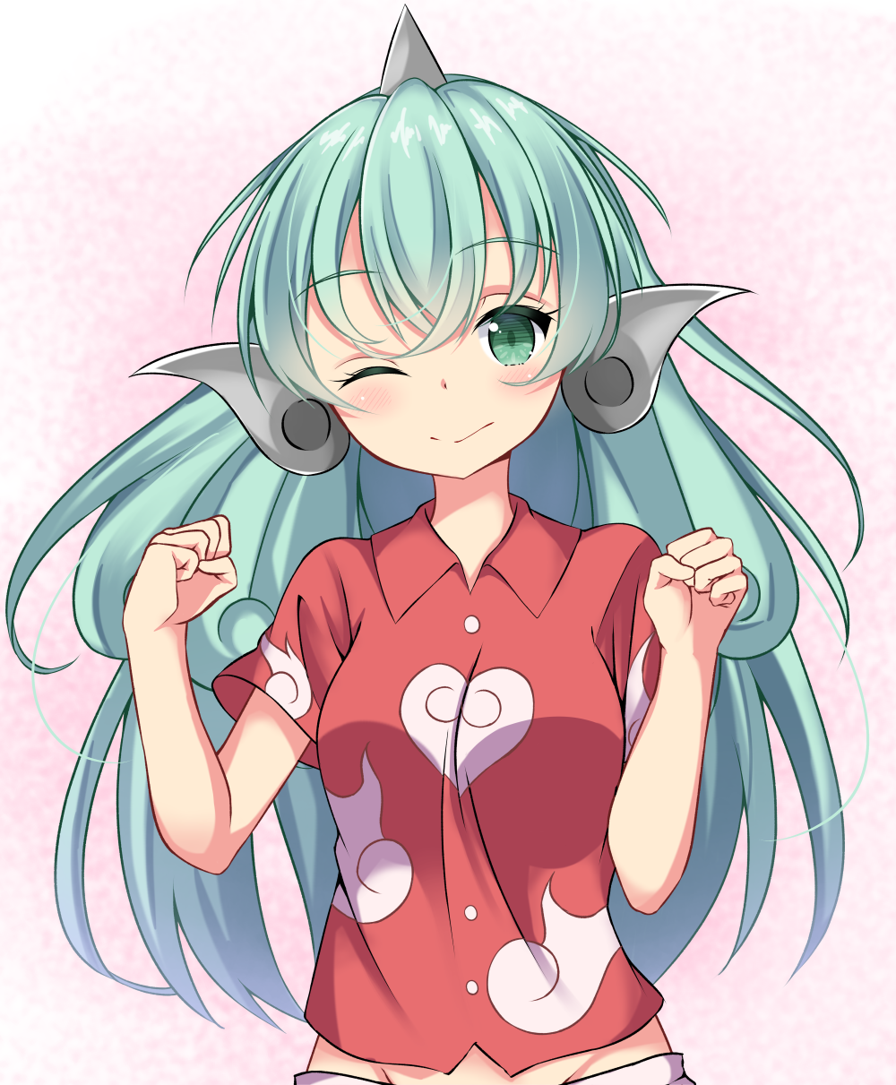 1girl amashi_(qcmrq906) animal_ears buttons cloud_print collared_shirt curly_hair eyebrows_visible_through_hair green_eyes green_hair highres horn kariyushi_shirt komano_aun long_hair looking_at_viewer midriff one_eye_closed pink_background red_shirt shirt short_sleeves smile solo touhou upper_body