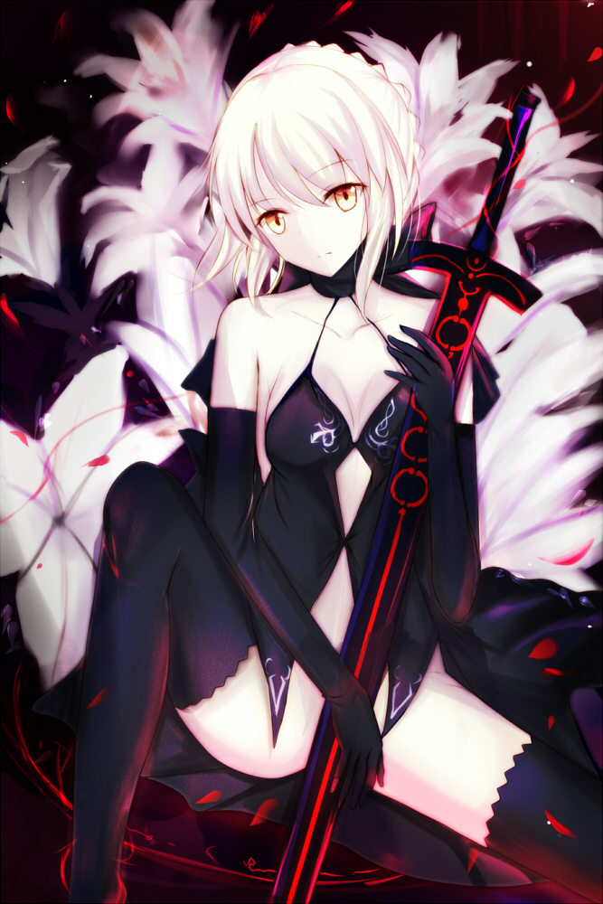 1girl artoria_pendragon_(all) black_gloves black_legwear black_ribbon bottomless breasts choker cleavage collarbone dark_excalibur elbow_gloves eyebrows_visible_through_hair fate/hollow_ataraxia fate_(series) fyy_(fyy8494) gloves hair_between_eyes hair_ribbon head_tilt holding holding_sword holding_weapon looking_at_viewer medium_breasts no_panties ribbon saber_alter short_hair sideboob silver_hair sitting solo sword thigh-highs weapon white_gloves yellow_eyes