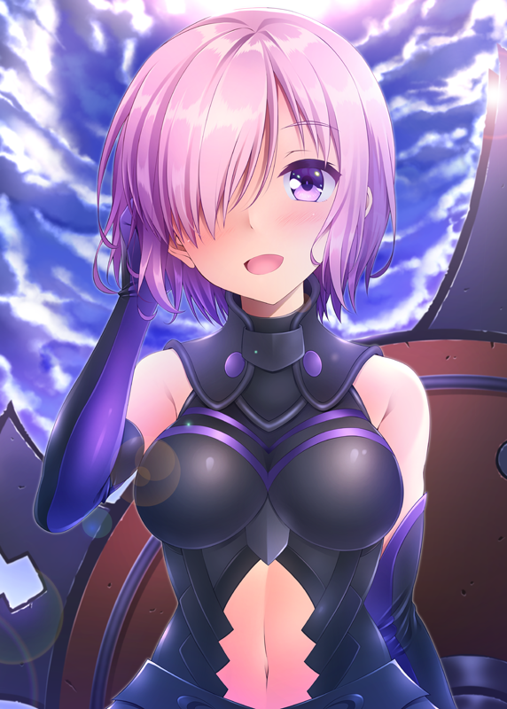 10t 1girl :d breasts breasts_apart clouds cloudy_sky day elbow_gloves fate/grand_order fate_(series) gloves hair_over_one_eye hand_in_hair lens_flare medium_breasts open_mouth outdoors pink_hair purple_gloves shielder_(fate/grand_order) shiny shiny_clothes short_hair sky smile solo standing upper_body violet_eyes