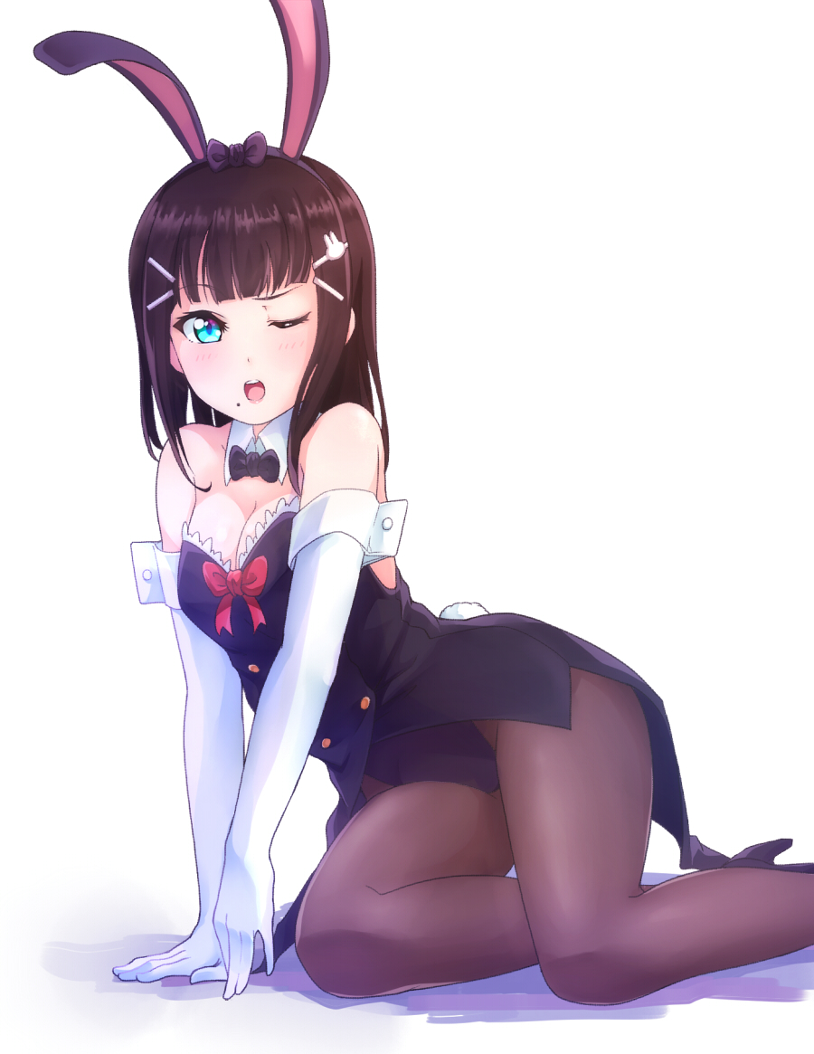 1girl ;o animal_ears arm_cuffs bangs black_bow black_bowtie black_hair black_legwear black_leotard blue_eyes blunt_bangs bow bowtie breasts bunny_girl bunny_hair_ornament bunny_tail bunnysuit cleavage coattails detached_collar double-breasted elbow_gloves fake_animal_ears gloves hair_bow hair_ornament hairpin high_heels highleg highleg_leotard kanabun kurosawa_dia leotard long_hair love_live! love_live!_sunshine!! mole mole_under_mouth one_eye_closed pantyhose rabbit_ears red_bow red_bowtie sitting solo tail white_background white_gloves