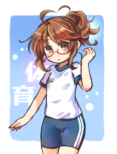 1girl alternate_costume blue_background blush brown_eyes brown_hair cowboy_shot dot_nose glasses gym_uniform looking_at_viewer no_hat no_headwear ponytail pote_(ptkan) red_glasses semi-rimless_glasses shirt short_sleeves shorts solo touhou translation_request under-rim_glasses usami_sumireko white_shirt