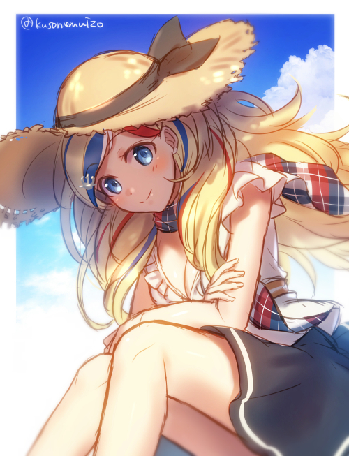 1girl alternate_costume black_skirt blonde_hair blue_eyes blue_hair blush breasts cleavage commandant_teste_(kantai_collection) hair_ornament hat kantai_collection long_hair looking_at_viewer mk multicolored_hair open_mouth redhead skirt smile streaked_hair sun_hat twitter_username