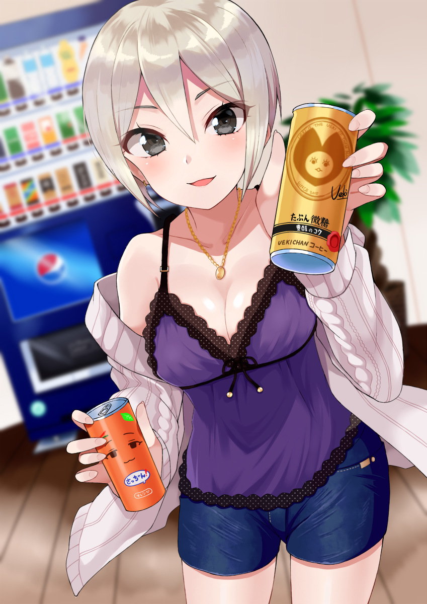 1girl :3 babydoll bangs blurry blurry_background blush breasts can cardigan cleavage commentary_request cowboy_shot denim dutch_angle eyebrows_visible_through_hair fingernails gomashi_(goma) grey_eyes hair_between_eyes highres holding holding_can idolmaster idolmaster_cinderella_girls idolmaster_cinderella_girls_starlight_stage indoors jewelry jitome koshimizu_sachiko long_sleeves looking_at_viewer medium_breasts necklace off_shoulder open_cardigan open_clothes parted_lips pendant plant potted_plant revision ribbed_sweater shiomi_shuuko short_hair short_shorts shorts sidelocks silver_hair smile solo standing sweater ueki-chan vending_machine