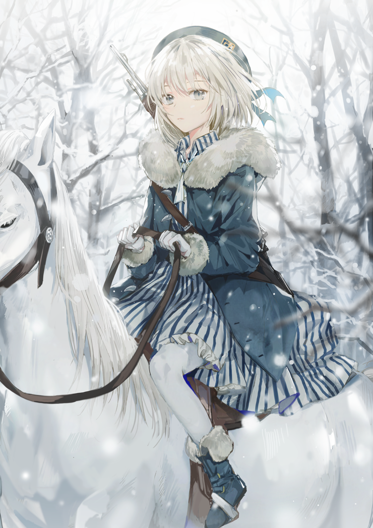 1girl bangs blue_dress boots closed_mouth coat commentary_request dangmill dress frills fur_boots fur_collar fur_trim grey_eyes grey_eyes grey_hair gun hat horse horseback_riding looking_at_viewer open_clothes open_coat original outdoors pantyhose revision riding rifle silver_hair skirt snow solo striped striped_dress tsurime weapon white_legwear winter_clothes