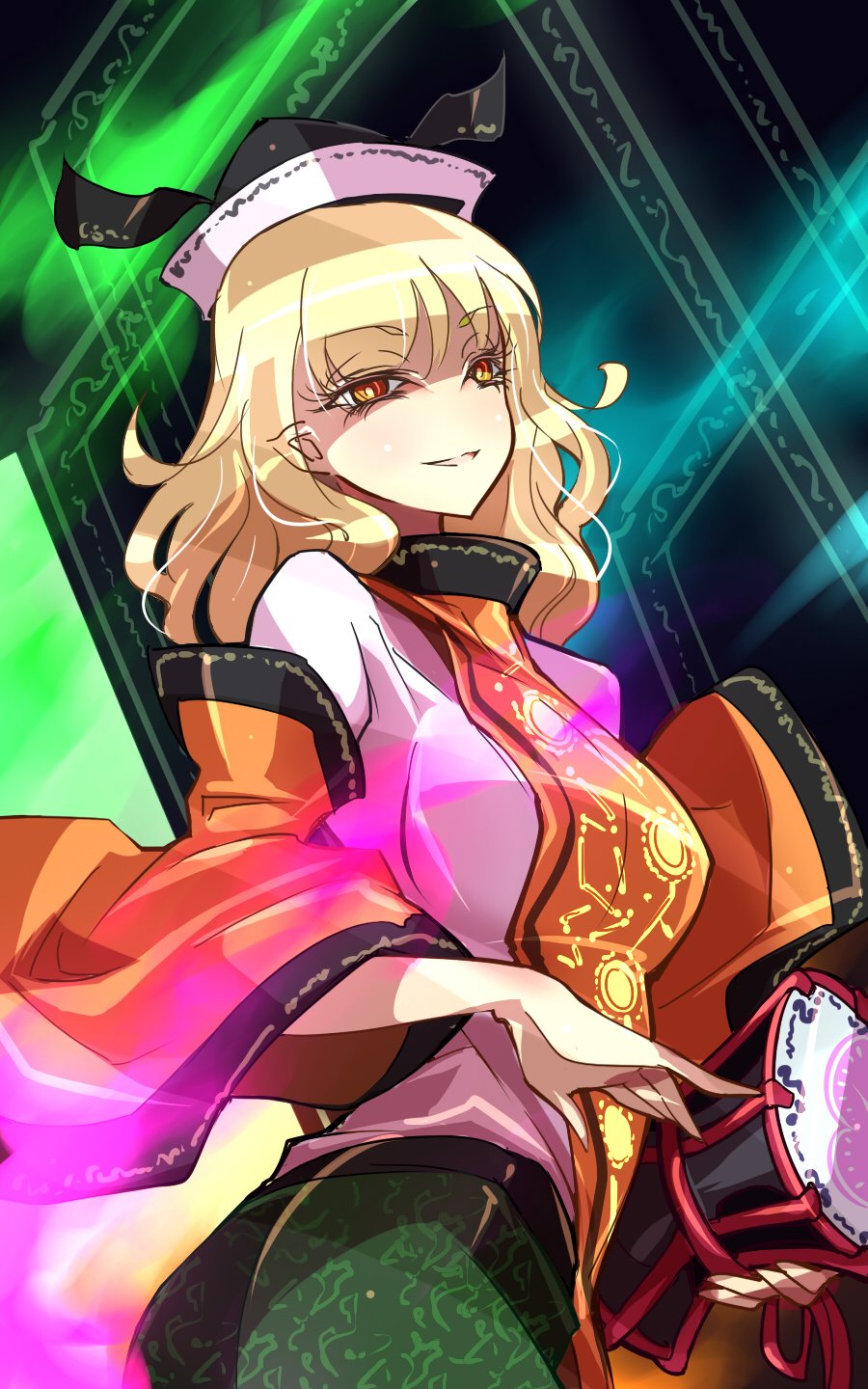 1girl bangs black_hat blonde_hair blush breasts detached_sleeves drum from_side green_skirt hat highres instrument large_breasts long_hair long_sleeves looking_at_viewer looking_to_the_side matara_okina orange_eyes parted_lips raptor7 skirt smile solo tabard touhou wide_sleeves