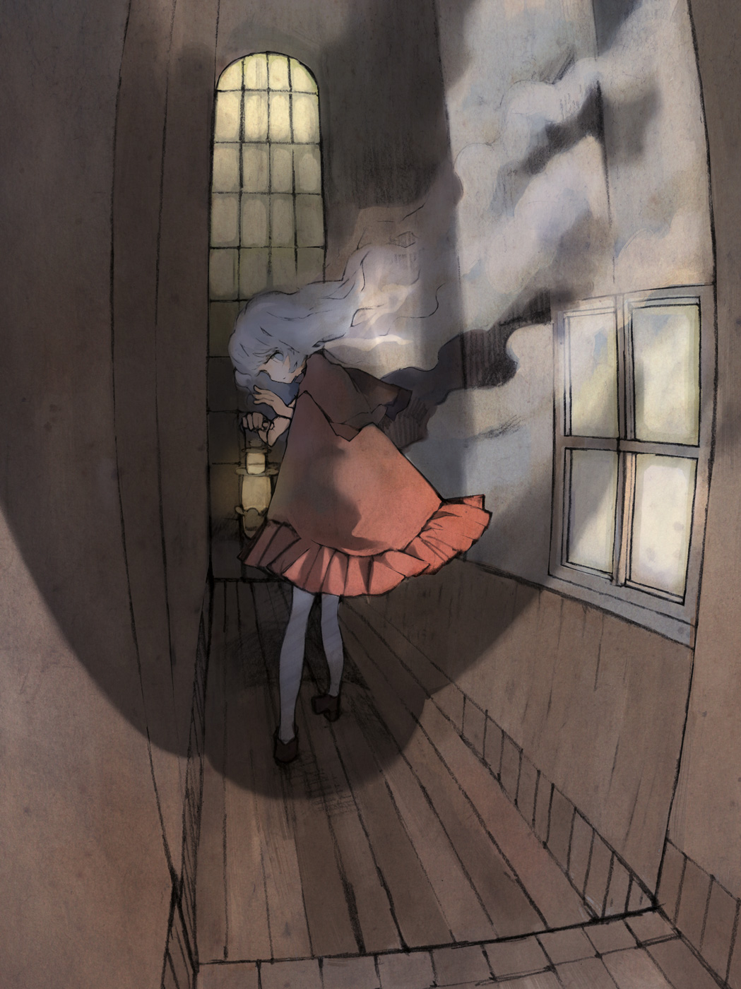 1girl back fog fumiyomogi grey_eyes grey_hair hallway highres holding_lantern lantern looking_back original red_cloak solo standing window