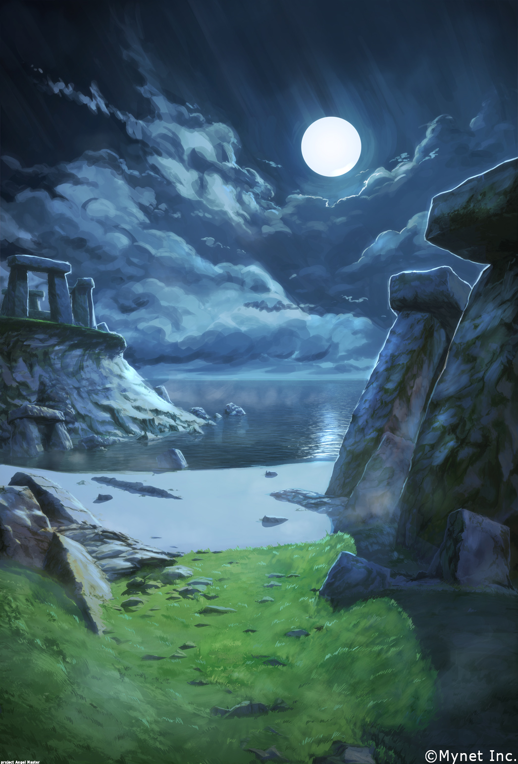 angelmaster arsenixc beach clouds cloudy_sky comic commentary full_moon grass highres horizon monolith_(object) moon night night_sky no_humans ocean outdoors pillar reflection rock ruins sand scenery shadow shore sky stone temple water_surface watermark