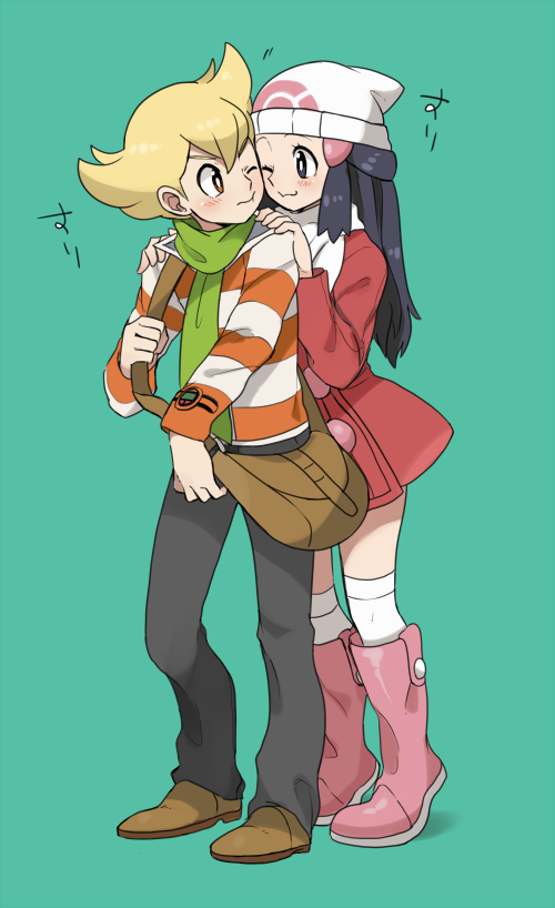 1boy 1girl bag beanie behind_another black_eyes black_hair blonde_hair blush boots brown_eyes cheek-to-cheek coat green_background green_scarf hands_on_another's_shoulders hat hetero hikari_(pokemon) jun_(pokemon) leaning_on_person long_hair messenger_bag nuzzle one_eye_closed pink_boots pokemon pokemon_(game) pokemon_dppt red_coat remotarou scarf shoulder_bag simple_background striped striped_sweater sweater winter_clothes winter_coat