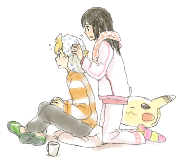 1boy 1girl after_bath alternate_costume black_hair blonde_hair cup drying drying_hair hikari_(pokemon) jun_(pokemon) kneeling long_hair mug pajamas pikachu_doll pillow pokemon pokemon_(game) pokemon_dppt ponimu sitting towel towel_around_neck towel_on_head