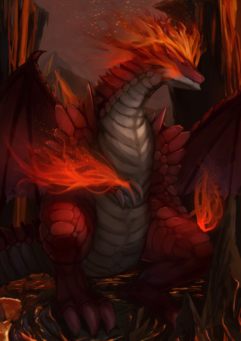 claws cliff commentary_request dragon embers fantasy fire looking_at_viewer molten_rock monster no_humans original outdoors red_eyes red_sky scales sky slit_pupils standing tail usagino_suzu wings