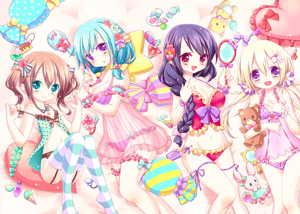 4girls :d :o aqua_eyes arm_garter babydoll bangs bare_shoulders bed_sheet blonde_hair blue_bow blue_hair blue_ribbon blush bottomless bow bow_panties braid breasts brown_hair camera candy cleavage closed_mouth collarbone commentary_request eyebrows_visible_through_hair fingernails flat_chest flower food frilled_panties frilled_pillow frills garter_belt hair_between_eyes hair_bow hair_brush hair_flower hair_ornament hair_over_shoulder hairband hairclip halter_top halterneck hand_mirror hand_on_own_chest hands_up heart heart_pillow hitoaida holding holding_stuffed_animal leg_ribbon lollipop long_hair looking_at_mirror looking_at_viewer low_twintails lying medium_breasts mirror multiple_girls nail_polish_bottle navel on_back on_side open_mouth original panties parted_lips pillow polka_dot polka_dot_panties polka_dot_pillow purple_bow purple_hair purple_panties purple_ribbon red_bow red_eyes red_hairband ribbon see-through sidelocks single_braid small_breasts smile star_pillow strap_slip striped striped_bow striped_legwear striped_pillow stuffed_animal stuffed_bunny stuffed_cat stuffed_toy teddy_bear thigh-highs twintails underwear violet_eyes wrapped_candy wrist_cuffs wrist_flower