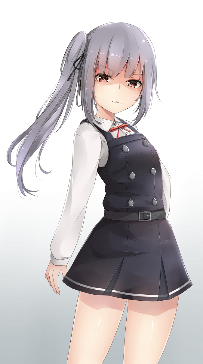 1girl angry belt black_ribbon buttons dress grey_hair hair_ribbon highres jenson_tw kantai_collection kasumi_(kantai_collection) long_hair long_sleeves looking_at_viewer neck_ribbon pinafore_dress red_ribbon remodel_(kantai_collection) ribbon school_uniform shaded_face shirt side_ponytail sleeveless sleeveless_dress solo white_shirt yellow_eyes