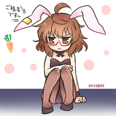 1girl :&lt; ahoge animal_ears bare_shoulders black_shoes blush brown_eyes brown_hair carrot choker dated glasses knees_together_feet_apart leotard lowres pantyhose playboy_bunny_leotard pote_(ptkan) rabbit_ears red_glasses semi-rimless_glasses shoes short_hair sitting sleeveless solo touhou translation_request under-rim_glasses usami_sumireko white_background