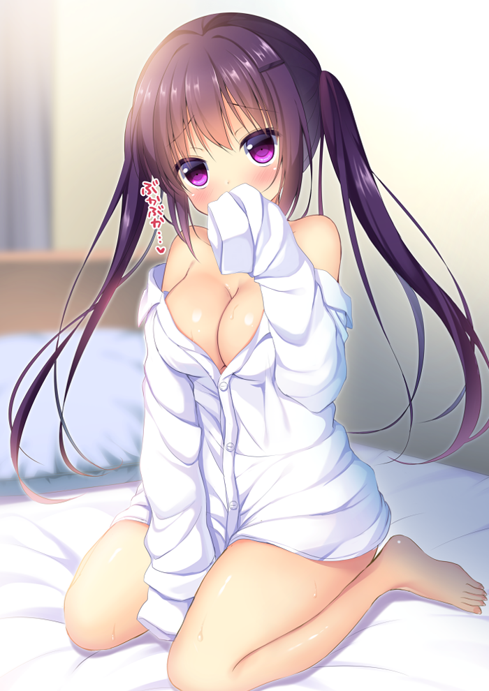 1girl bangs bare_legs bare_shoulders barefoot bed bed_frame bedroom between_legs blurry blurry_background blush breasts buttons cleavage collarbone commentary_request covering_mouth curtains depth_of_field eyebrows_visible_through_hair full_body gochuumon_wa_usagi_desu_ka? hair_ornament hairclip hand_up head_tilt indoors long_hair long_sleeves looking_at_viewer medium_breasts naked_shirt no_pants off_shoulder oversized_clothes pillow purple_hair seiza shibainu_niki shiny shiny_hair shiny_skin shirt sitting sleeves_past_wrists solo tedeza_rize translated twintails violet_eyes white_shirt