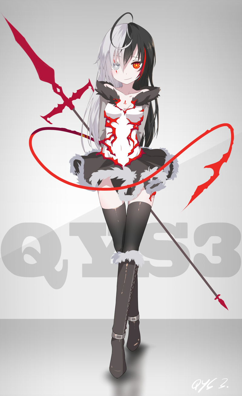 1girl ahoge arms_behind_back bai_yemeng bangs black_hair black_legwear black_skirt blind body_markings boots collarbone commentary_request covered_navel facial_mark facial_scar fur-trimmed_boots fur-trimmed_skirt fur_trim hair_between_eyes highres holding holding_weapon knee_boots legs_crossed looking_at_viewer multicolored_hair partially_blind pixiv_fantasia pixiv_fantasia_revenge_of_the_darkness polearm scar skin_tight skirt smirk standing strapless symbol-shaped_pupils thigh-highs thigh_gap two-tone_hair weapon white_hair zettai_ryouiki