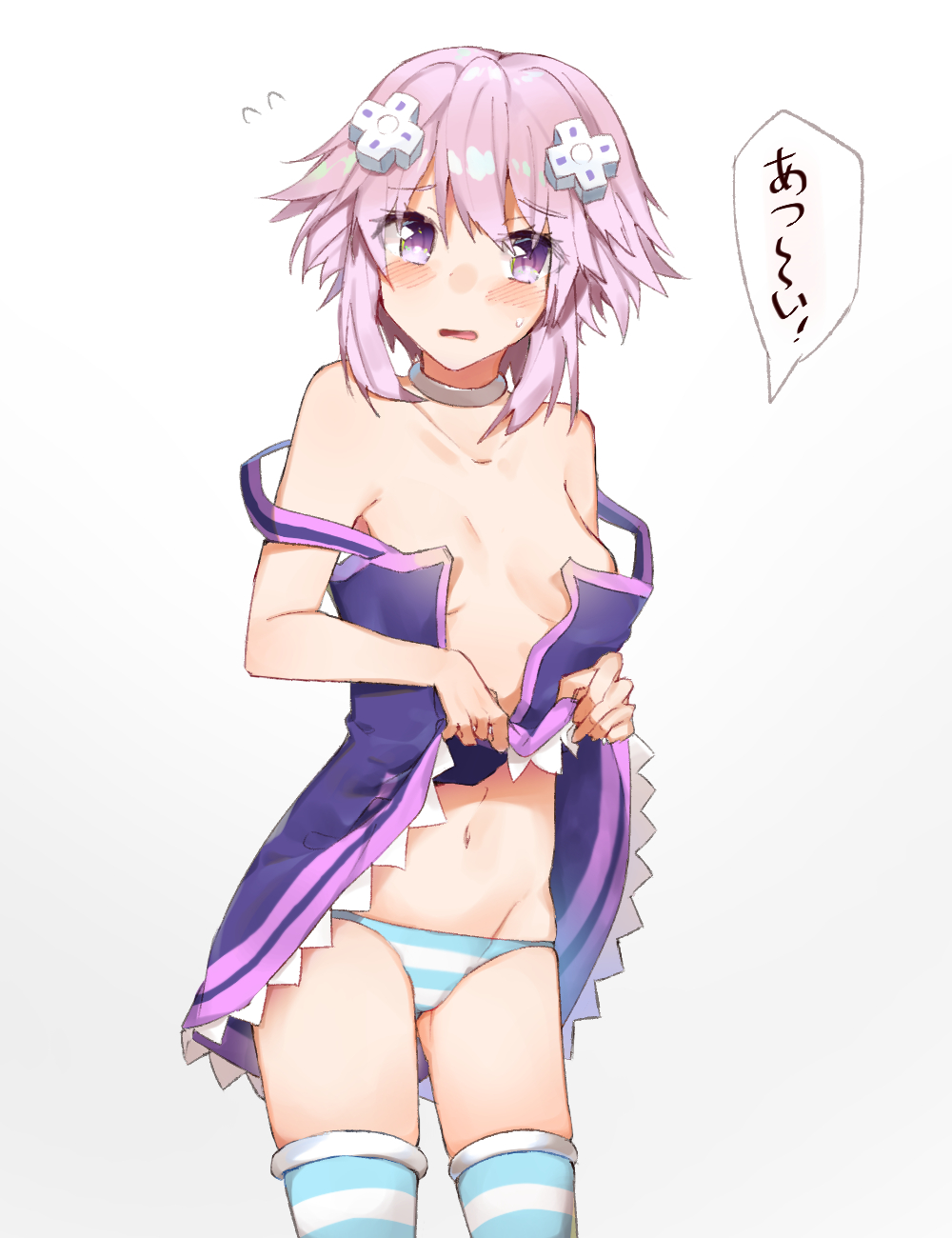 1girl amakaze blush d-pad hair_ornament highres looking_at_viewer neptune_(choujigen_game_neptune) neptune_(series) open_clothes open_mouth panties purple_hair solo striped striped_legwear striped_panties underwear undressing violet_eyes