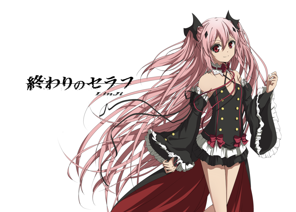 1girl artist_name black_dress black_ribbon bow bowtie choker copyright_name detached_sleeves dress eyebrows_visible_through_hair flat_chest floating_hair hair_between_eyes hair_ornament ingi krul_tepes long_hair looking_at_viewer owari_no_seraph pink_hair red_bow red_bowtie red_eyes ribbon short_dress simple_background sleeveless sleeveless_dress smile solo standing twintails very_long_hair white_background
