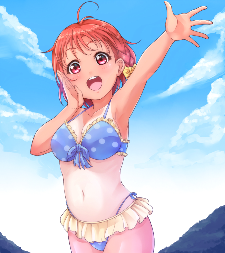 1girl :d ahoge bangs bikini bikini_skirt blue_bikini bow braid calling frilled_bikini frills front-tie_bikini front-tie_top hair_bow hand_to_own_mouth kanabun love_live! love_live!_sunshine!! midriff navel open_mouth orange_hair outstretched_arm polka_dot polka_dot_bikini red_eyes short_hair side-tie_bikini side_braid smile solo swimsuit takami_chika tan tanline yellow_bow