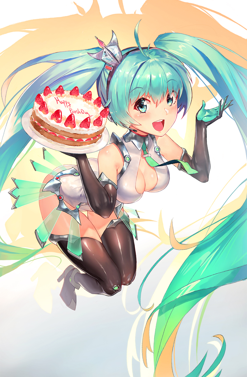 1girl :d ahoge aqua_eyes aqua_hair ass black_gloves black_legwear breasts cake cleavage duan_henglong elbow_gloves food fruit gloves happy_birthday hatsune_miku high_heels highres long_hair necktie open_mouth racequeen racing_miku revision smile solo strawberry thigh-highs twintails very_long_hair vocaloid