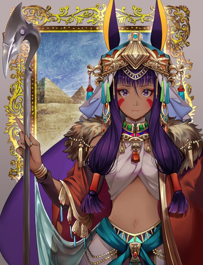 1girl animal_ears artist_request bangs blunt_bangs cape closed_mouth desert earrings egyptian egyptian_clothes facial_mark fate/grand_order fate_(series) frame fur_trim hair_between_eyes hair_ornament hair_tubes holding holding_staff index_finger_raised jewelry long_hair looking_at_viewer navel nitocris_(fate/grand_order) purple_hair pyramid rabbit_ears ring smile solo staff standing thumb_ring tiara turban upper_body very_long_hair violet_eyes