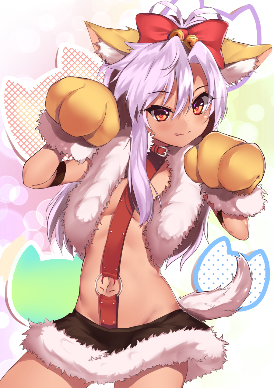1girl :q animal_ears bell black_skirt bow breasts chloe_von_einzbern cleavage collar cowboy_shot dark_skin eyebrows_visible_through_hair fate/kaleid_liner_prisma_illya fate_(series) fox_ears fox_tail gloves hair_bell hair_between_eyes hair_bow hair_ornament highres ilxodidli long_hair looking_at_viewer microskirt midriff navel orange_eyes paw_gloves paws pink_hair red_bow skirt small_breasts solo standing stomach tail tongue tongue_out under_boob yellow_gloves