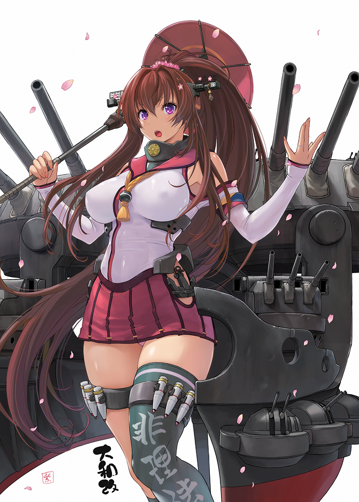 1girl anchor breasts brown_hair cherry_blossoms detached_sleeves hair_between_eyes hair_intakes headgear hip_vent jewelry kantai_collection large_breasts miniskirt nyanko_batake open_mouth oriental_umbrella panties pantyshot pantyshot_(standing) petals pink_panties pleated_skirt red_skirt remodel_(kantai_collection) rigging ring simple_background single_thighhigh skirt sleeves_past_wrists solo standing thigh-highs thighs turret umbrella underwear upper_body violet_eyes wedding_band white_background yamato_(kantai_collection) z-flag