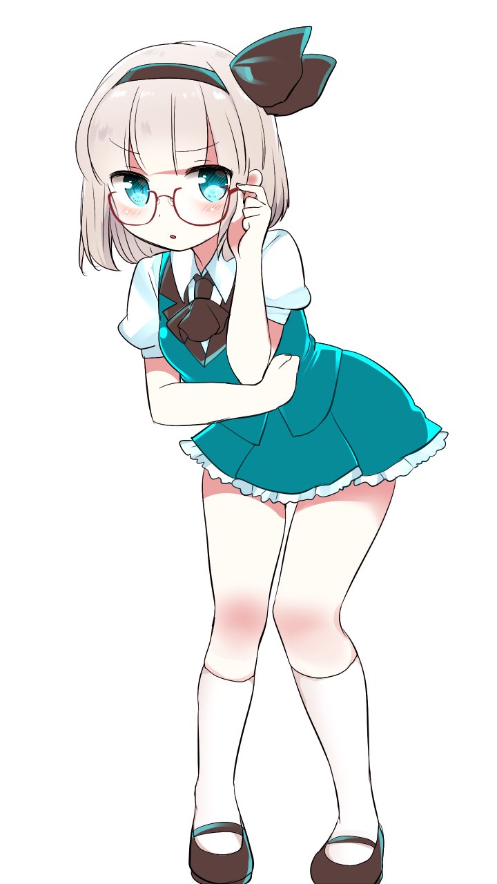 &gt;:o 1girl :o aqua_eyes bespectacled black_hairband black_ribbon black_shoes blush glasses green_skirt green_vest hair_ribbon hairband highres kneehighs konpaku_youmu ochazuke open_mouth puffy_short_sleeves puffy_sleeves red-framed_eyewear ribbon shirt shoes short_hair short_sleeves silver_hair simple_background skirt solo touhou vest white_background white_legwear white_shirt