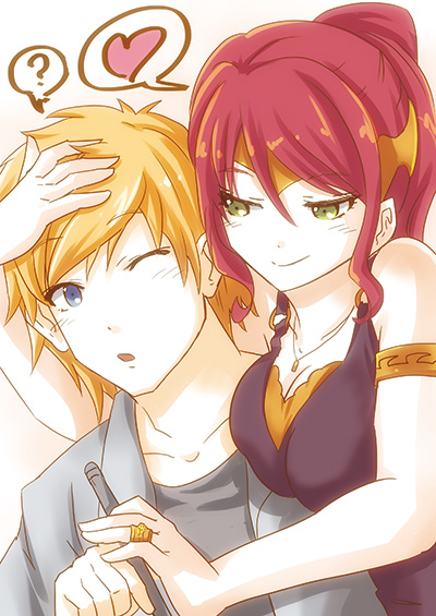 1boy 1girl ;o ? bare_shoulders blonde_hair blouse blue_eyes blush breasts forehead_protector green_eyes half-closed_eyes hand_on_another's_head heart imminent_kiss jaune_arc jewelry moai_(moai_world) necklace one_eye_closed open_mouth pen ponytail pyrrha_nikos redhead ring rwby seductive_smile smile thought_bubble