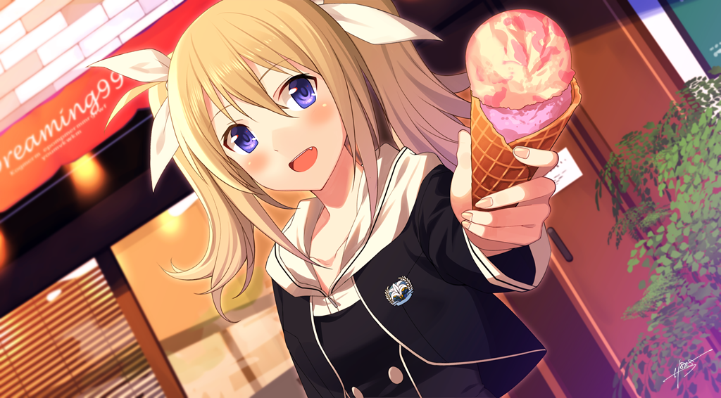 1girl :d arimura_hinae blonde_hair blue_eyes chaos;child collarbone dutch_angle eyebrows_visible_through_hair fang food hair_between_eyes hair_ribbon holding holding_food ice_cream long_hair open_mouth outdoors outstretched_arm ribbon sahuyaiya smile solo twintails white_ribbon