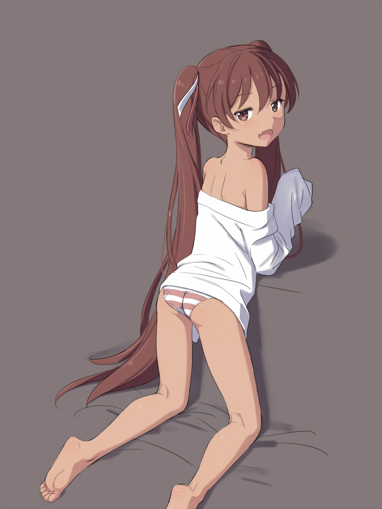 1girl :d ass barefoot brown_eyes brown_hair cnm fang grey_background kantai_collection libeccio_(kantai_collection) long_hair open_mouth panties shirt simple_background sleeves_past_wrists smile solo striped striped_panties toes twintails underwear white_shirt