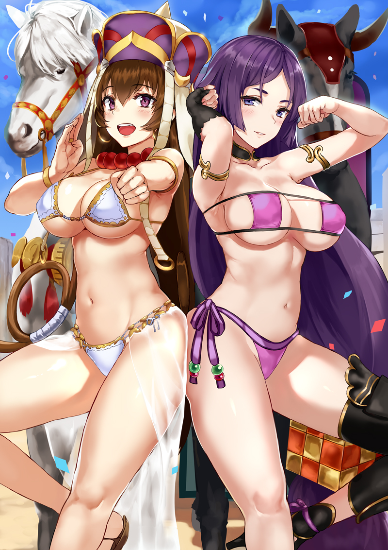 2girls armlet armpits bangs beads bikini black_gloves blush bracelet breasts brown_hair choker cleavage day earrings elbow_gloves eyepatch_bikini fate/grand_order fate_(series) fingerless_gloves gloves greaves hands_up hat hips hoop_earrings horse jewelry jilllxlxl large_breasts leg_up legs long_hair looking_at_viewer low-tied_long_hair minamoto_no_raikou_(fate/grand_order) minamoto_no_raikou_(swimsuit_lancer)_(fate) multiple_girls navel open_mouth outdoors outstretched_arm parted_bangs parted_lips prayer_beads purple_bikini purple_hair revision ring sarong side-tie_bikini sideboob single_glove smile sunlight swimsuit thighs tied_hair under_boob very_long_hair violet_eyes waist white_bikini xuanzang_(fate/grand_order)