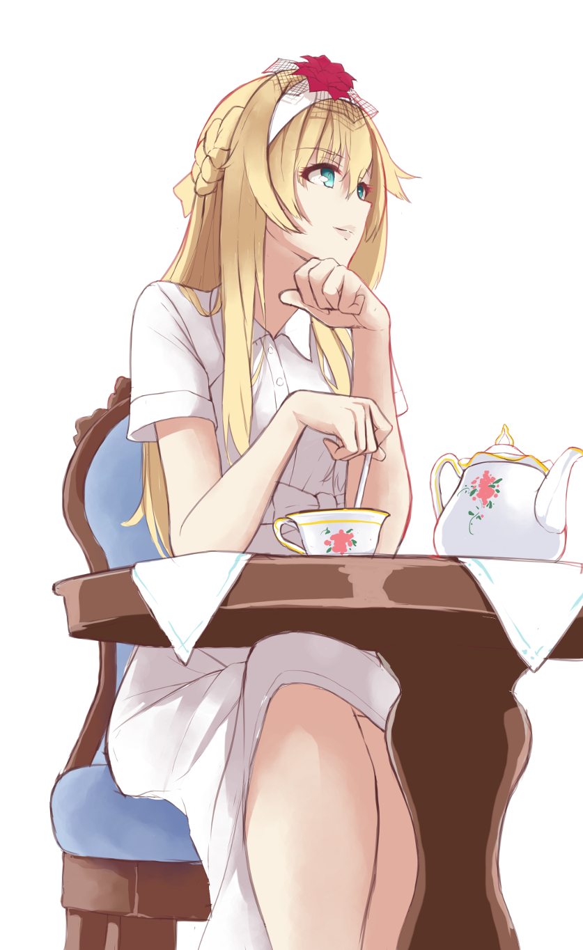 1girl alternate_costume blonde_hair blouse blue_eyes braid chair cowboy_shot cup den_(kur0_yuki) french_braid hairband highres kantai_collection long_hair simple_background solo table tea_set teacup teapot warspite_(kantai_collection) white_background white_blouse white_clothes white_hairband