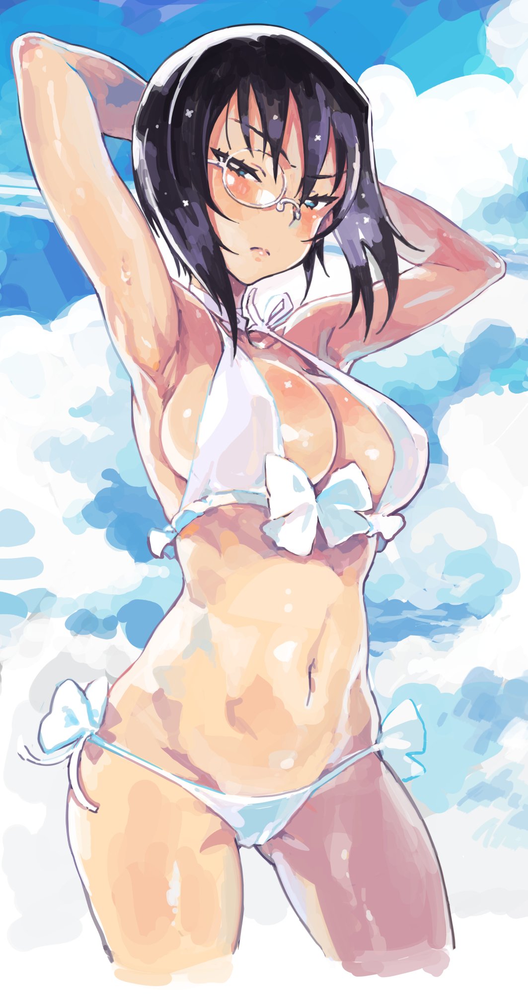 1girl armpits arms_behind_head bangs bare_arms bare_shoulders bikini black_hair blue_eyes blue_sky blush breasts cleavage closed_mouth clouds cloudy_sky cowboy_shot cropped_legs day eyebrows_visible_through_hair frown girls_und_panzer hair_between_eyes highres kawashima_momo large_breasts looking_at_viewer monocle navel norinco outdoors short_hair short_hair_with_long_locks side-tie_bikini sky solo standing swimsuit white_bikini