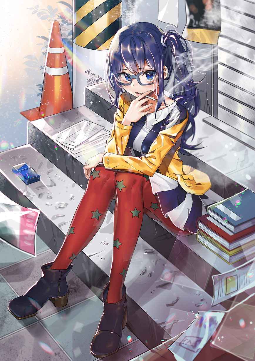 1girl artist_name bangs blue_eyes blue_hair book boots cigarette cigarette_box day dress eyebrows_visible_through_hair glasses grey-framed_eyewear hand_on_own_knee highres holding holding_cigarette imai_midori jacket knees_up long_hair long_sleeves looking_at_viewer meoneo outdoors pantyhose parted_lips print_legwear red_legwear shirobako side_ponytail sitting smoke smoking solo stairs star star_print traffic_cone