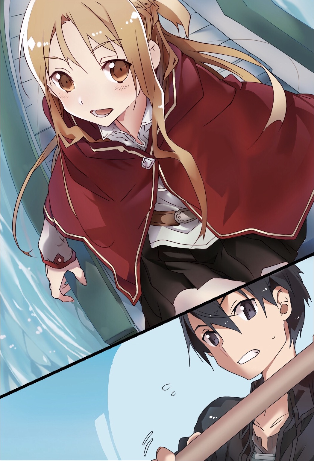 1boy 1girl abec asuna_(sao) black_eyes black_hair black_skirt brown_eyes brown_hair cape colored day eyebrows_visible_through_hair hair_between_eyes highres kirito long_hair miniskirt open_mouth outdoors pleated_skirt poi_himeya red_cape sitting skirt sweatdrop sword_art_online water