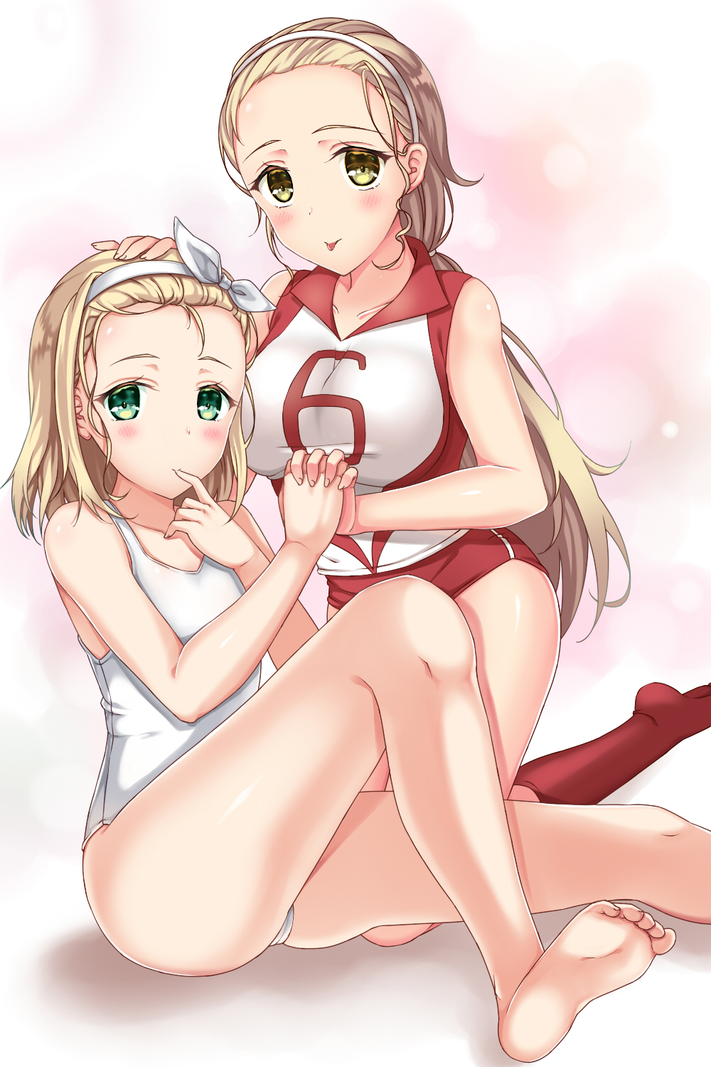 2girls :p blonde_hair breasts girls_und_panzer green_eyes hairband highres i-504_(kantai_collection) kantai_collection long_hair looking_at_viewer luigi_torelli_(kantai_collection) multiple_girls sasaki_akebi school_swimsuit shirt short_hair shorts sitting sleeveless smile sportswear swimsuit tongue tongue_out volleyball_uniform white_hairband white_school_swimsuit white_swimsuit zhou_yu_(ppaaqz1995)