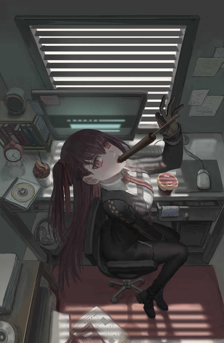 1girl arm_up bangs between_legs black_boots black_gloves black_hair black_legwear black_ribbon bookshelf boots breasts cd computer dress eating food food_in_mouth from_above girls_frontline gloves hair_between_eyes hair_ribbon hand_between_legs highres holding holding_food ice_cream indoors large_breasts legs_together long_hair long_sleeves looking_at_viewer monitor necktie newspaper one_side_up pantyhose paper_stack popsicle red_necktie ribbon short_dress solo uniform violet_eyes wa2000_(girls_frontline) window window_shade xukong