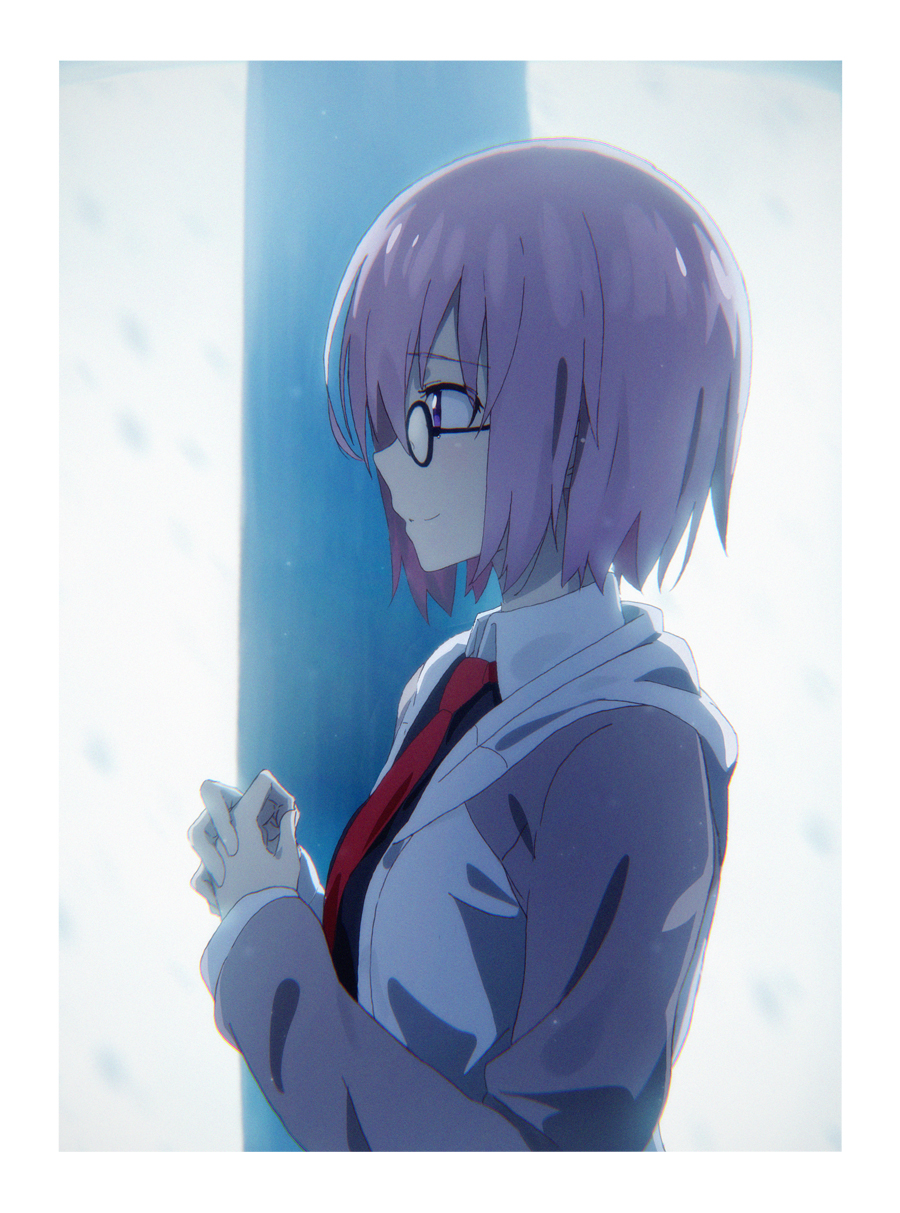 1girl bangs black-framed_eyewear closed_mouth eyebrows_visible_through_hair fate/grand_order fate_(series) from_side hair_over_one_eye highres hood hoodie interlocked_fingers necktie open_clothes open_hoodie own_hands_together profile purple_hair red_necktie shielder_(fate/grand_order) short_hair smile solo tomato_(lsj44867) upper_body violet_eyes windowboxed