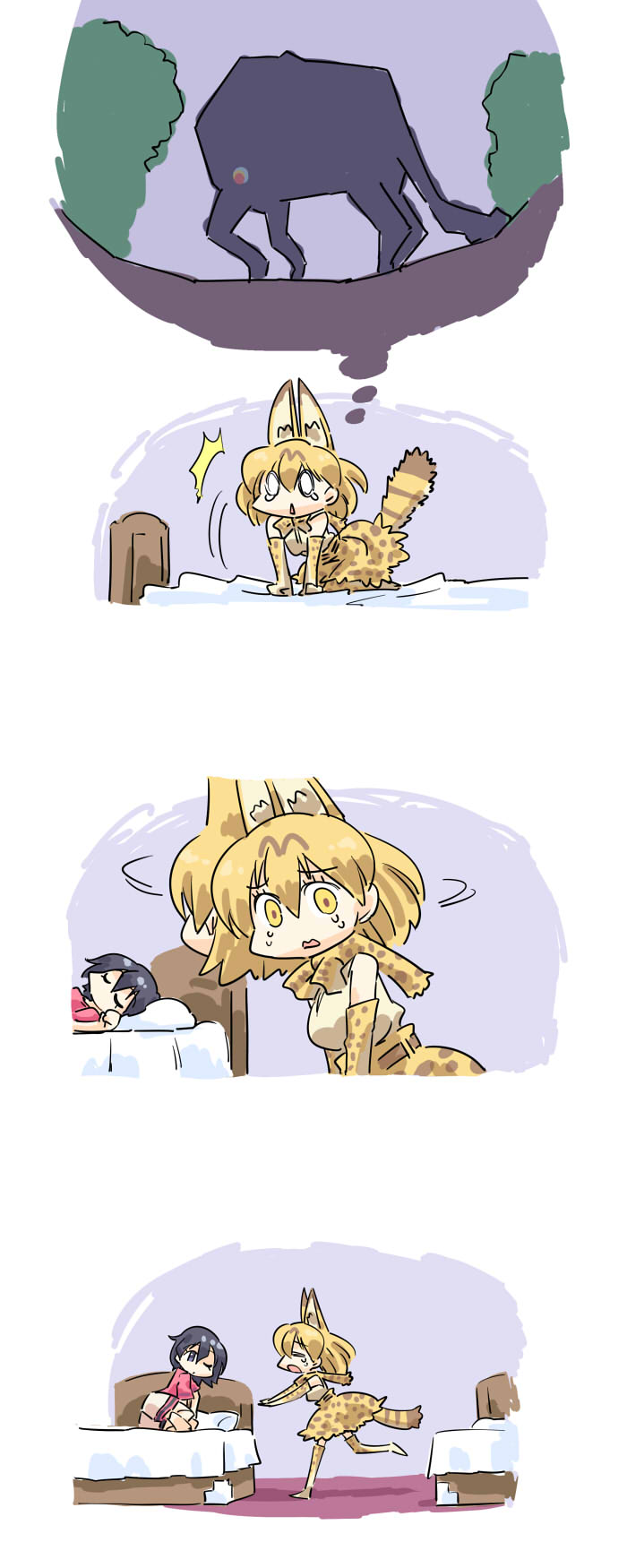 2girls animal_ears bed black_cerulean_(kemono_friends) black_hair comic gloves highres kaban_(kemono_friends) kemono_friends multiple_girls nightmare seki_(red_shine) serval_(kemono_friends) serval_ears shirt short_hair silent_comic sleeping tail