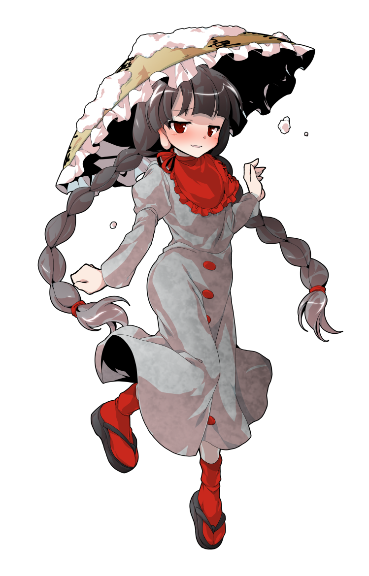 1girl alphes_(style) black_hair blush braid dairi full_body hat long_hair open_mouth parody smile snow solo style_parody tabi touhou transparent_background twin_braids twintails yatadera_narumi