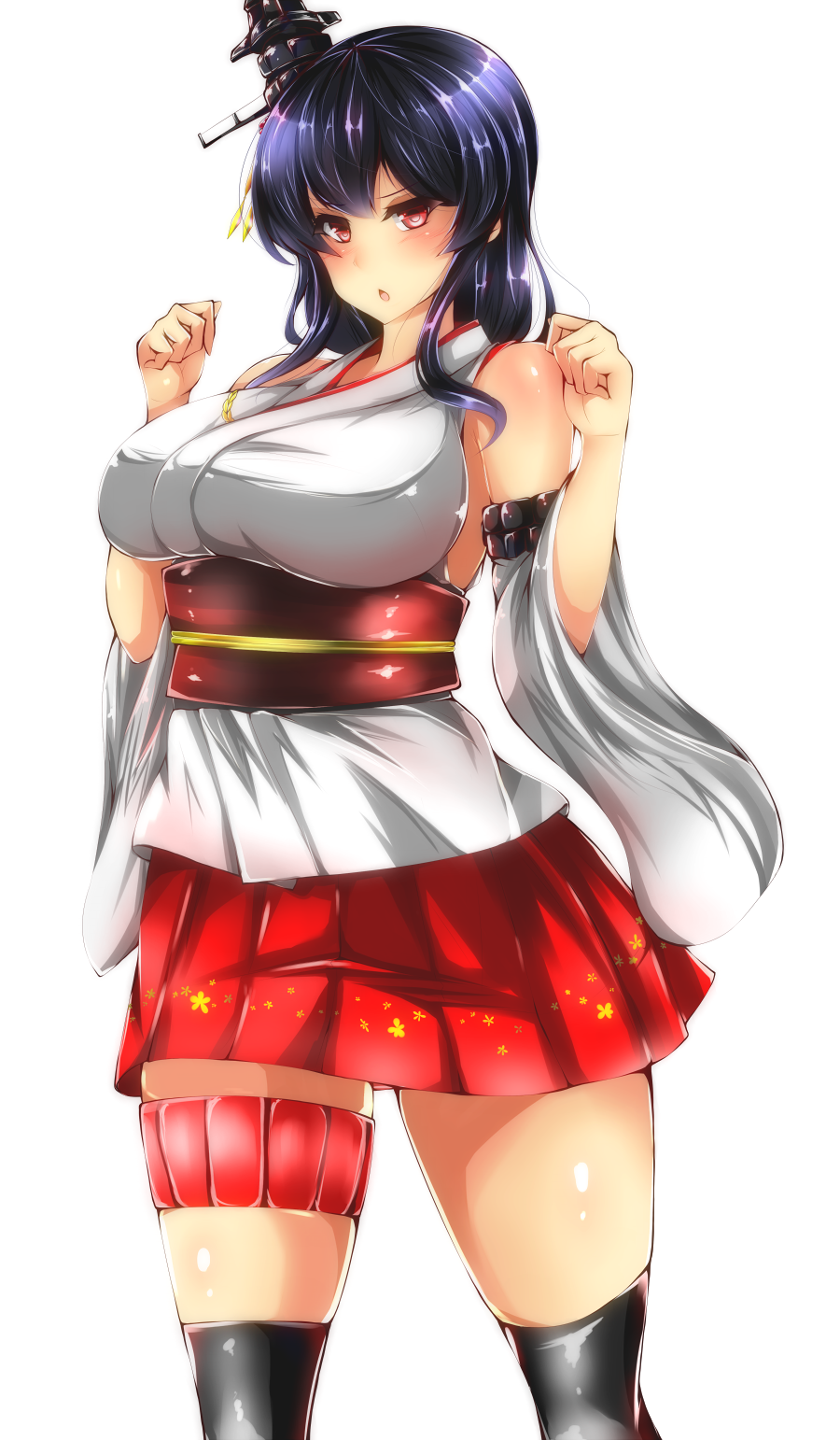 1girl bare_shoulders black_hair black_legwear breasts commentary_request detached_sleeves en_(paorasuteki) hair_ornament highres kantai_collection large_breasts nontraditional_miko redhead yamashiro_(kantai_collection)