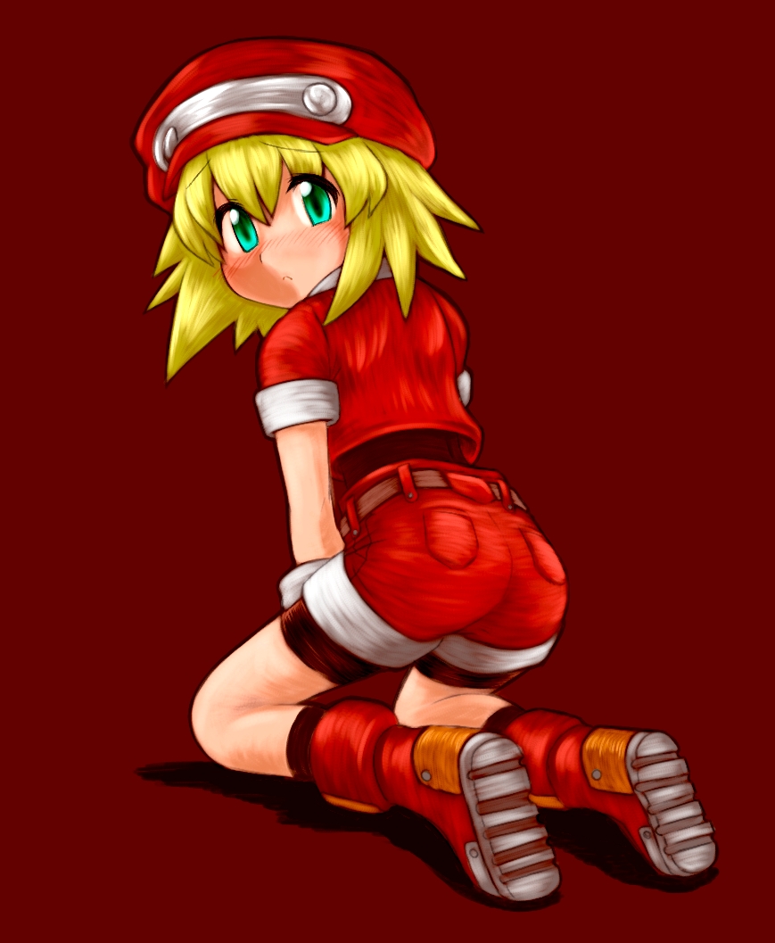1girl ass blonde_hair blush bodystocking brown_belt cabbie_hat closed_mouth commentary_request cropped_jacket eyebrows_visible_through_hair from_behind full_body gloves green_eyes hat jacket long_hair looking_at_viewer m.m red_background red_jacket red_shoes red_shorts rockman rockman_dash roll_caskett seiza shadow shoes short_shorts shorts sitting solo