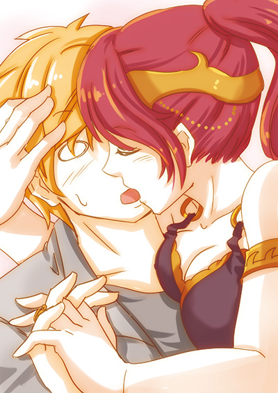 1boy 1girl assertive bare_shoulders blonde_hair blouse blue_eyes blush breast_press breasts closed_eyes forehead_protector green_eyes hand_holding hand_on_another's_head interlocked_fingers jaune_arc jewelry kiss moai_(moai_world) necklace o_o open_mouth pen ponytail pyrrha_nikos redhead ring rwby shocked_eyes sweatdrop thought_bubble