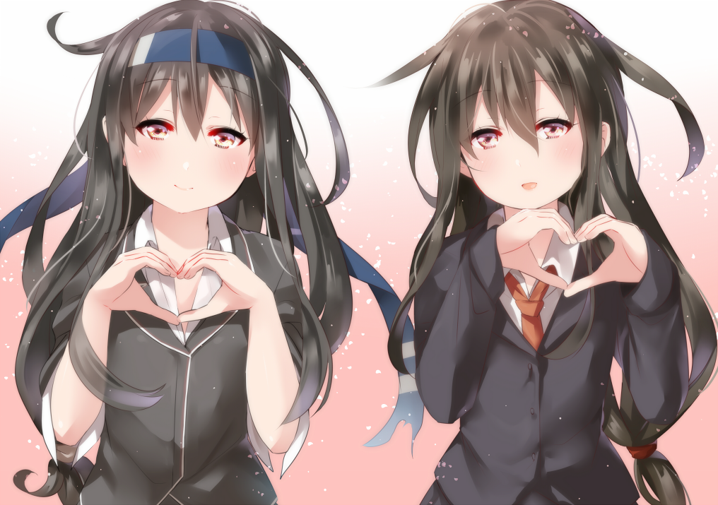 2girls black_hair black_jacket commentary_request dual_persona hairband hatsushimo_(kantai_collection) heart heart_hands jacket juurouta kantai_collection long_sleeves looking_at_viewer multiple_girls necktie open_mouth red_eyes red_necktie remodel_(kantai_collection) shirt smile suit_jacket white_shirt