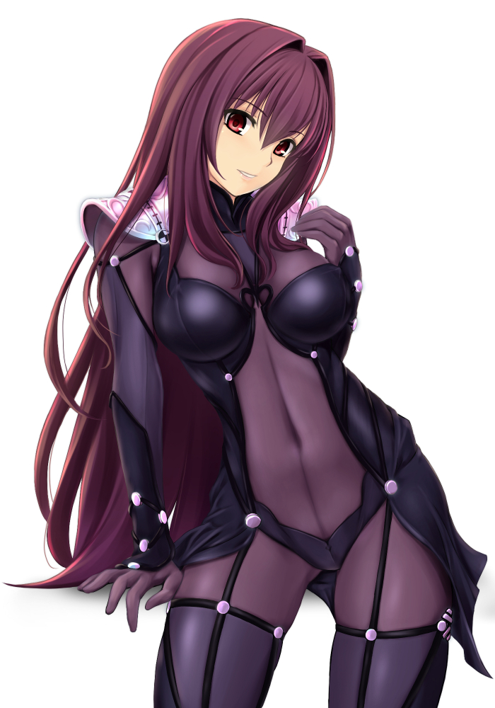 1girl armor bodysuit breasts cleavage covered_navel cowboy_shot fate/grand_order fate_(series) grin large_breasts long_hair looking_at_viewer nonaka_ritsu pauldrons purple_bodysuit purple_hair red_eyes scathach_(fate/grand_order) shoulder_armor simple_background smile solo white_background