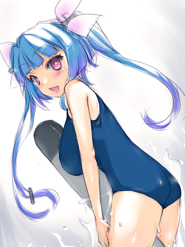 1girl ass blue_hair breasts choudendoutai fang hair_ribbon i-19_(kantai_collection) kantai_collection large_breasts long_hair looking_at_viewer name_tag one-piece_swimsuit red_eyes ribbon school_swimsuit solo swimsuit symbol-shaped_pupils torpedo tri_tails
