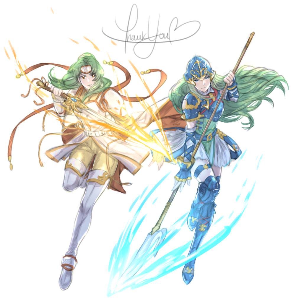 2girls aqua_hair armor belt blue_armor blue_eyes blue_greaves blue_helmet boots breastplate cape closed_mouth detached_sleeves elincia_ridell_crimea female fire_emblem fire_emblem:_akatsuki_no_megami fire_emblem:_souen_no_kiseki fire_emblem_heroes floating_hair full_body gloves greaves green_hair hair_bun helmet holding holding_spear holding_sword holding_weapon krazehkai long_hair looking_at_viewer multiple_girls nephenee nintendo parted_lips polearm princess serious shield side-by-side skirt smile spear sword thigh-highs thigh_boots tiara weapon white_background white_boots white_clothes white_skirt